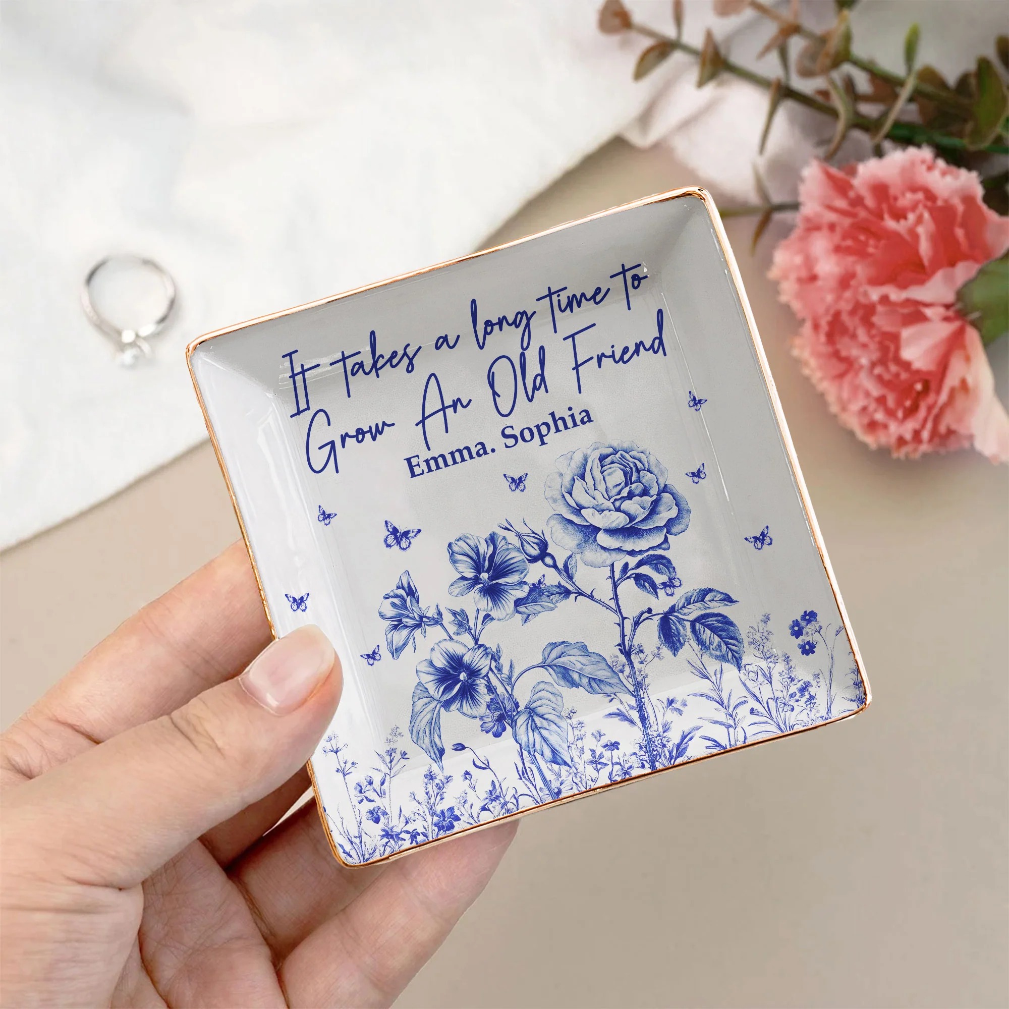 It Takes A Long Time To Grow An Old Friend Toile De Jouy Style - Personalized Jewelry Dish