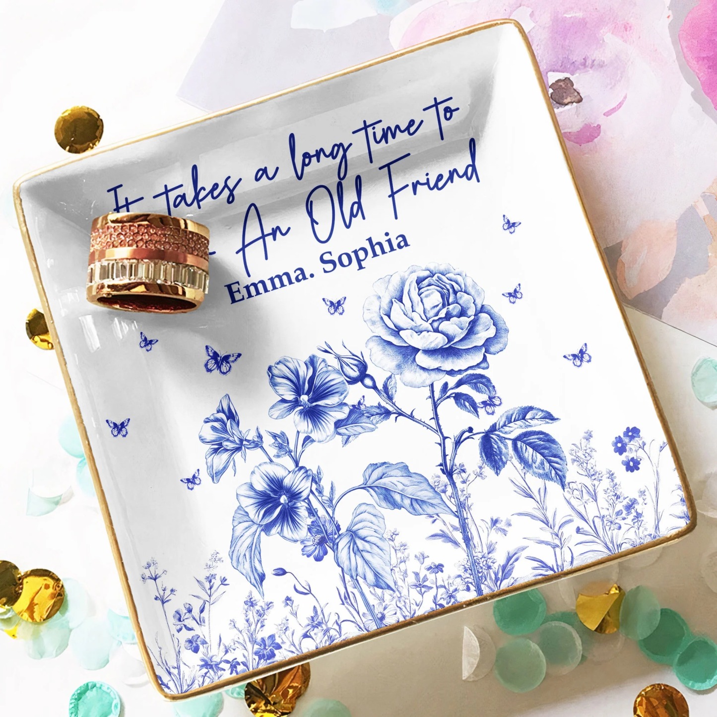 It Takes A Long Time To Grow An Old Friend Toile De Jouy Style - Personalized Jewelry Dish