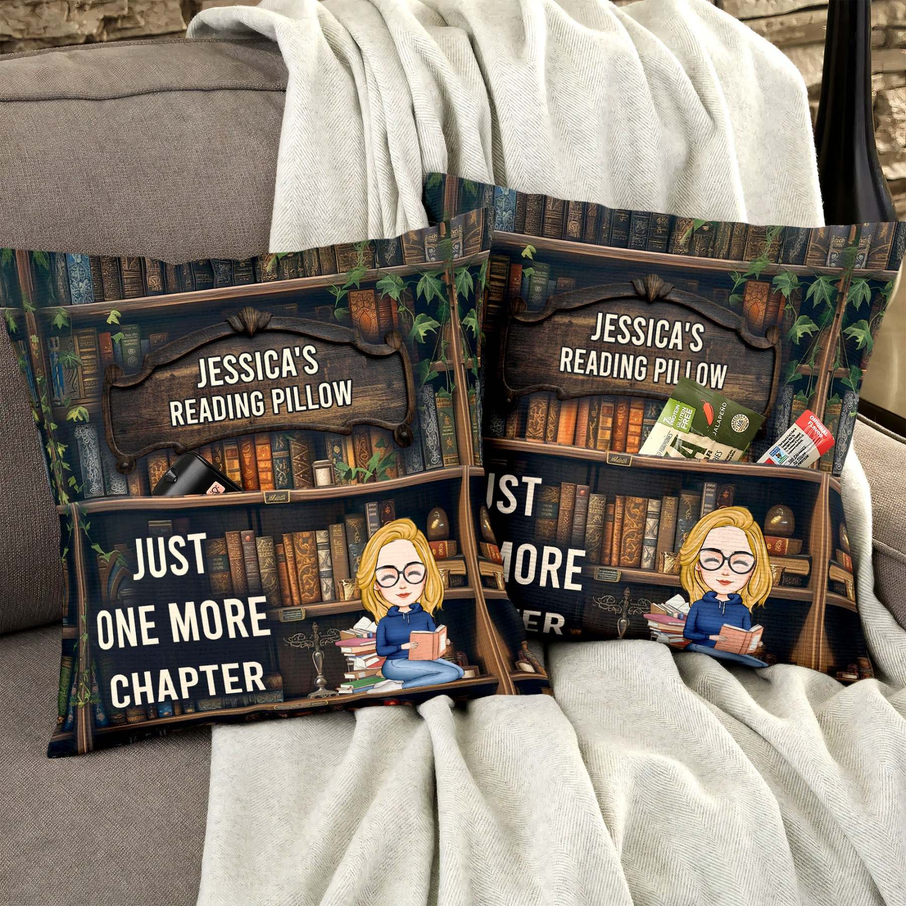 Just One More Chapter- Reading Pillow - Personalized Pocket Pillow (Insert Included)-CustomCraftedX