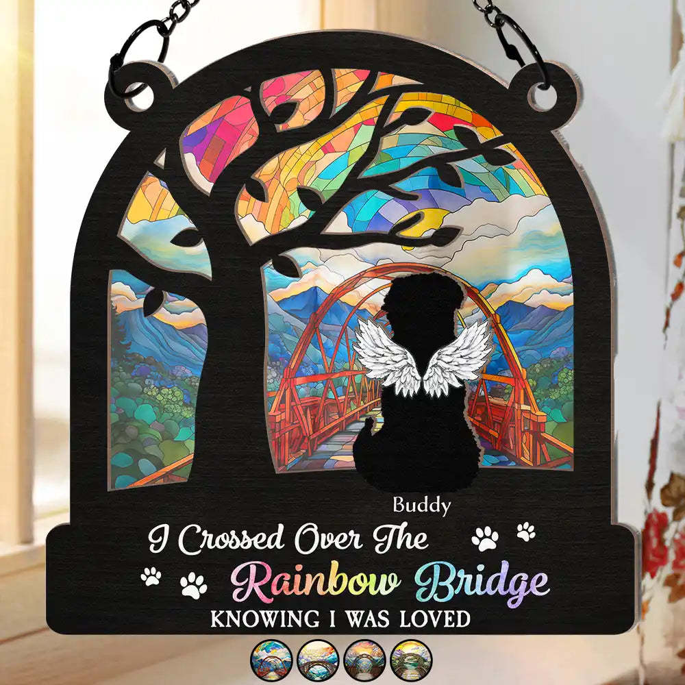 Dog Cat Silhouette Over The Rainbow Bridge - Personalized Window Hanging Suncatcher Ornament-CustomCraftedX
