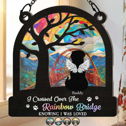 Dog Cat Silhouette Over The Rainbow Bridge - Personalized Window Hanging Suncatcher Ornament-CustomCraftedX