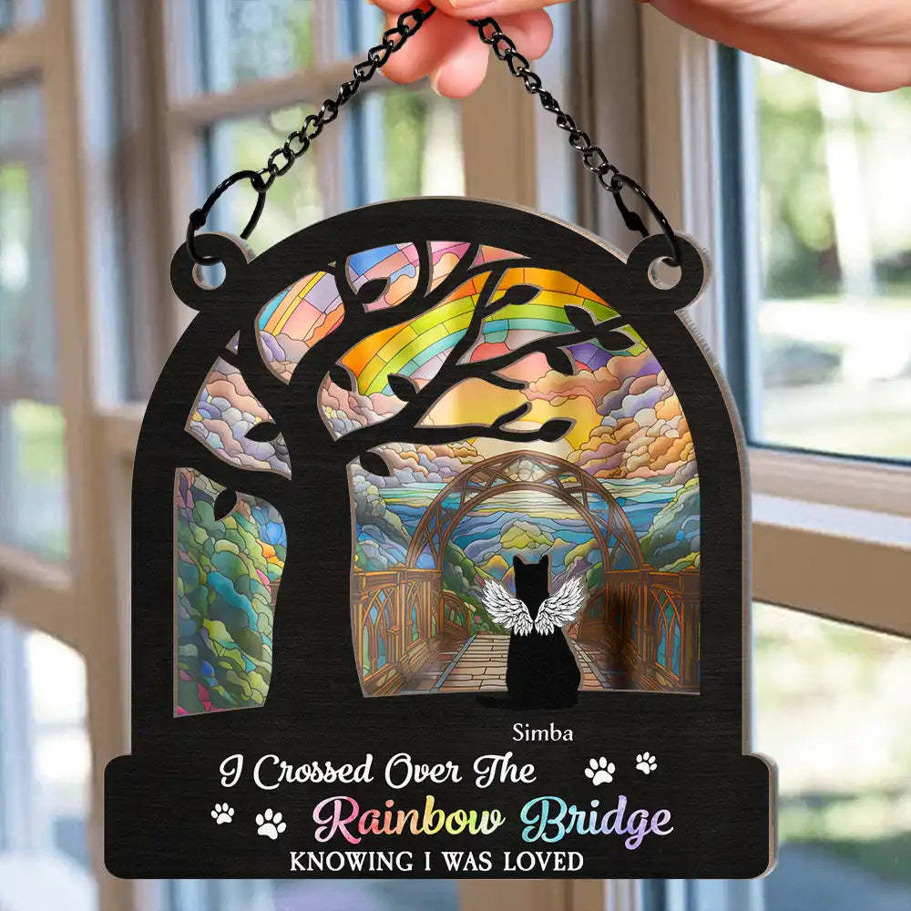 Dog Cat Silhouette Over The Rainbow Bridge - Personalized Window Hanging Suncatcher Ornament-CustomCraftedX