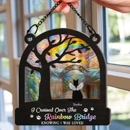 Dog Cat Silhouette Over The Rainbow Bridge - Personalized Window Hanging Suncatcher Ornament-CustomCraftedX
