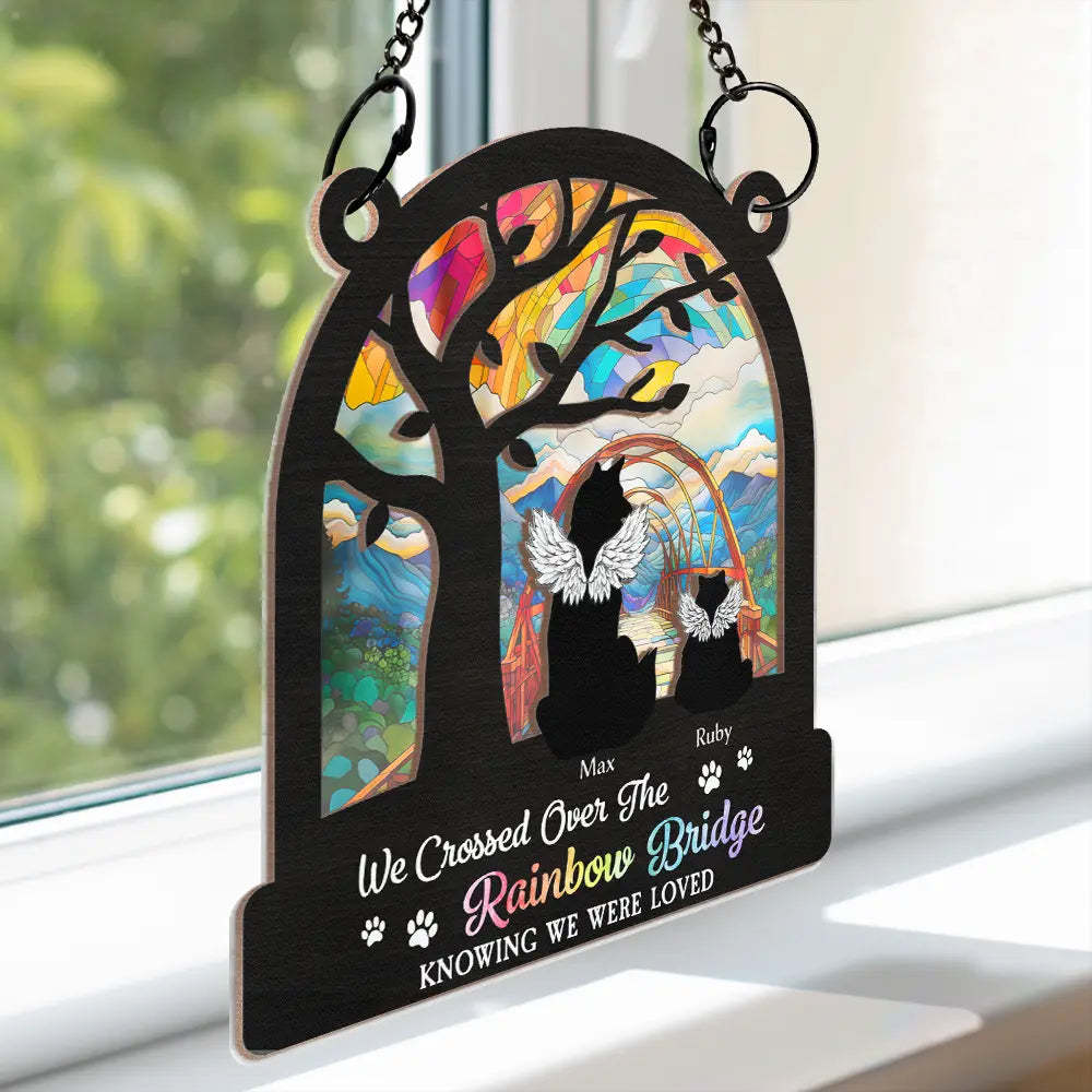 Dog Cat Silhouette Over The Rainbow Bridge - Personalized Window Hanging Suncatcher Ornament-CustomCraftedX