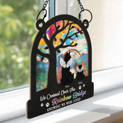 Dog Cat Silhouette Over The Rainbow Bridge - Personalized Window Hanging Suncatcher Ornament-CustomCraftedX