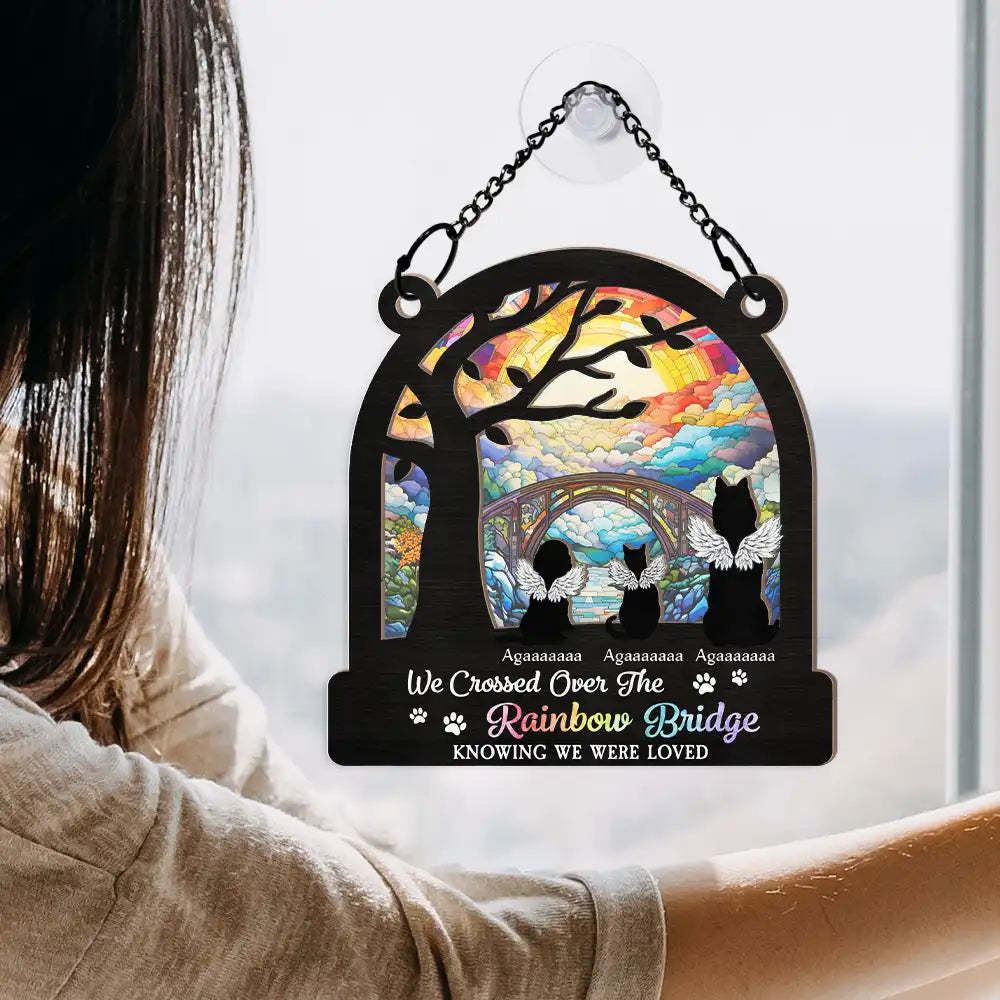 Dog Cat Silhouette Over The Rainbow Bridge - Personalized Window Hanging Suncatcher Ornament-CustomCraftedX