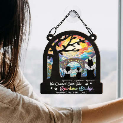 Dog Cat Silhouette Over The Rainbow Bridge - Personalized Window Hanging Suncatcher Ornament-CustomCraftedX