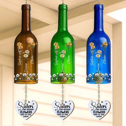 Custom Wine Bottle Wind Chime - Personalized Best Friend Birthday Gifts For Women - Sisters Bloom Together In Love