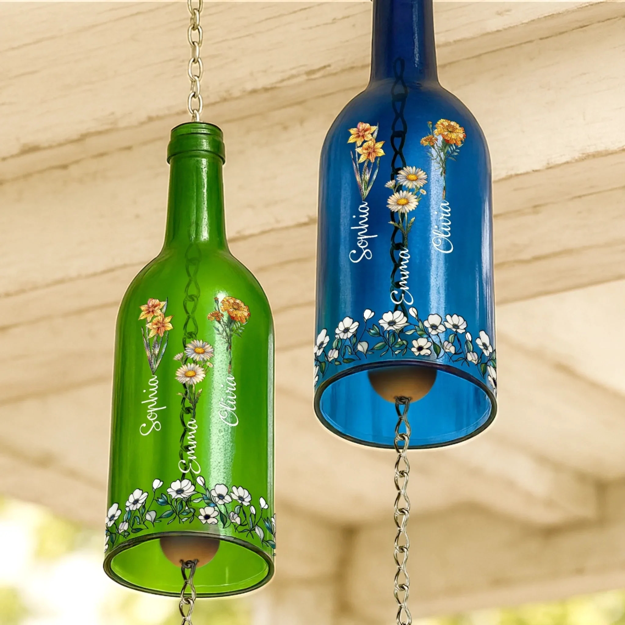Custom Wine Bottle Wind Chime - Personalized Best Friend Birthday Gifts For Women - Sisters Bloom Together In Love