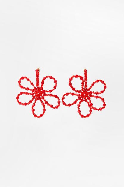 Flower shaped metal drop earrings with colorful bead appliqu. Butterfly closure.