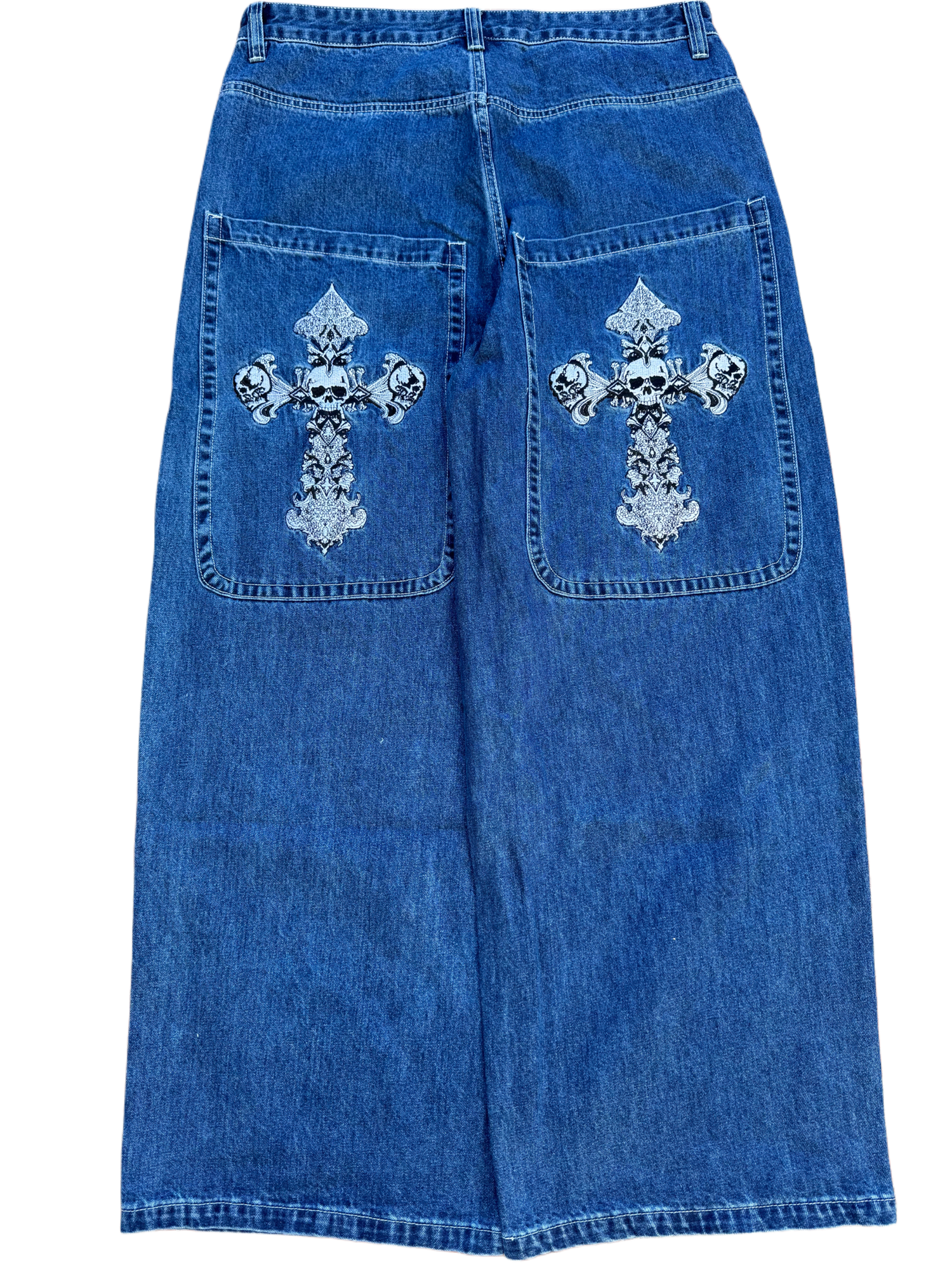 Blue Wide Leg GLOE Skull Cross Jeans