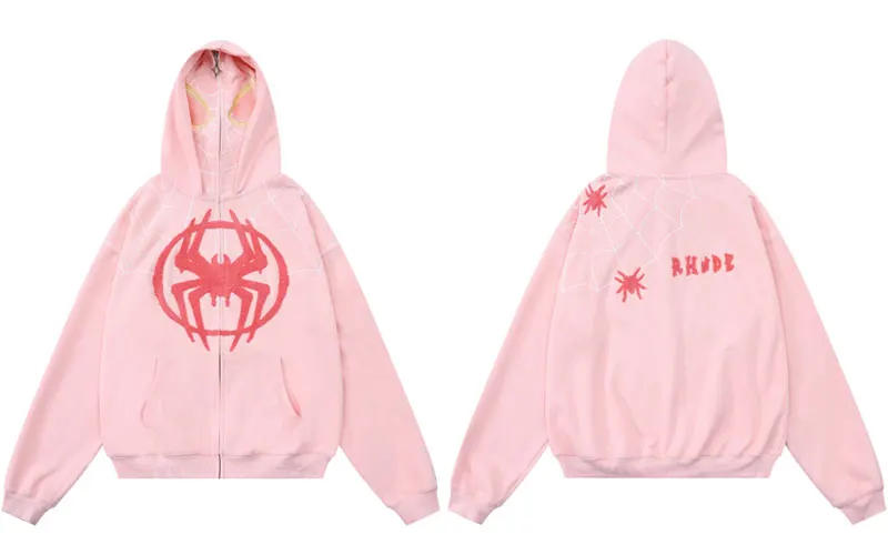 Hip Hop Double Layer Mask Zipper Hoodie Coat Y2K Embroidery Spider Web Full Zip Up Sweatshirt 2024 Harajuku Punk Jacket Hoodie