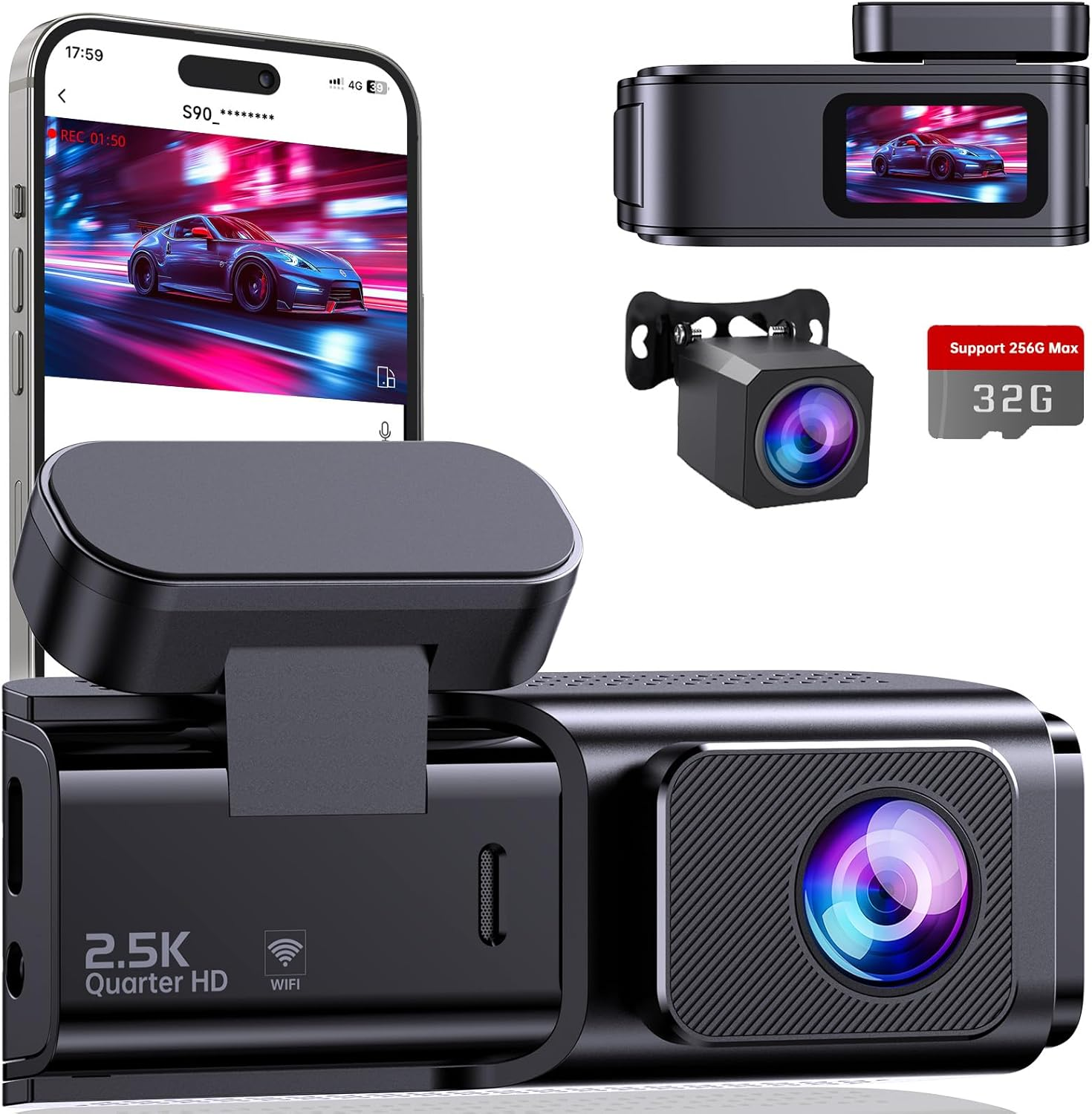 Dash Cam Front and Rear 2.5K+1080P, Ultra HD Dash Cam Built-in WiFi, Dual Car Camera with 32GB Card, 170°Wide Angle, Super Night Vision Dashcam with Parking Mode, G-Sensor, App Control, Loop Recording