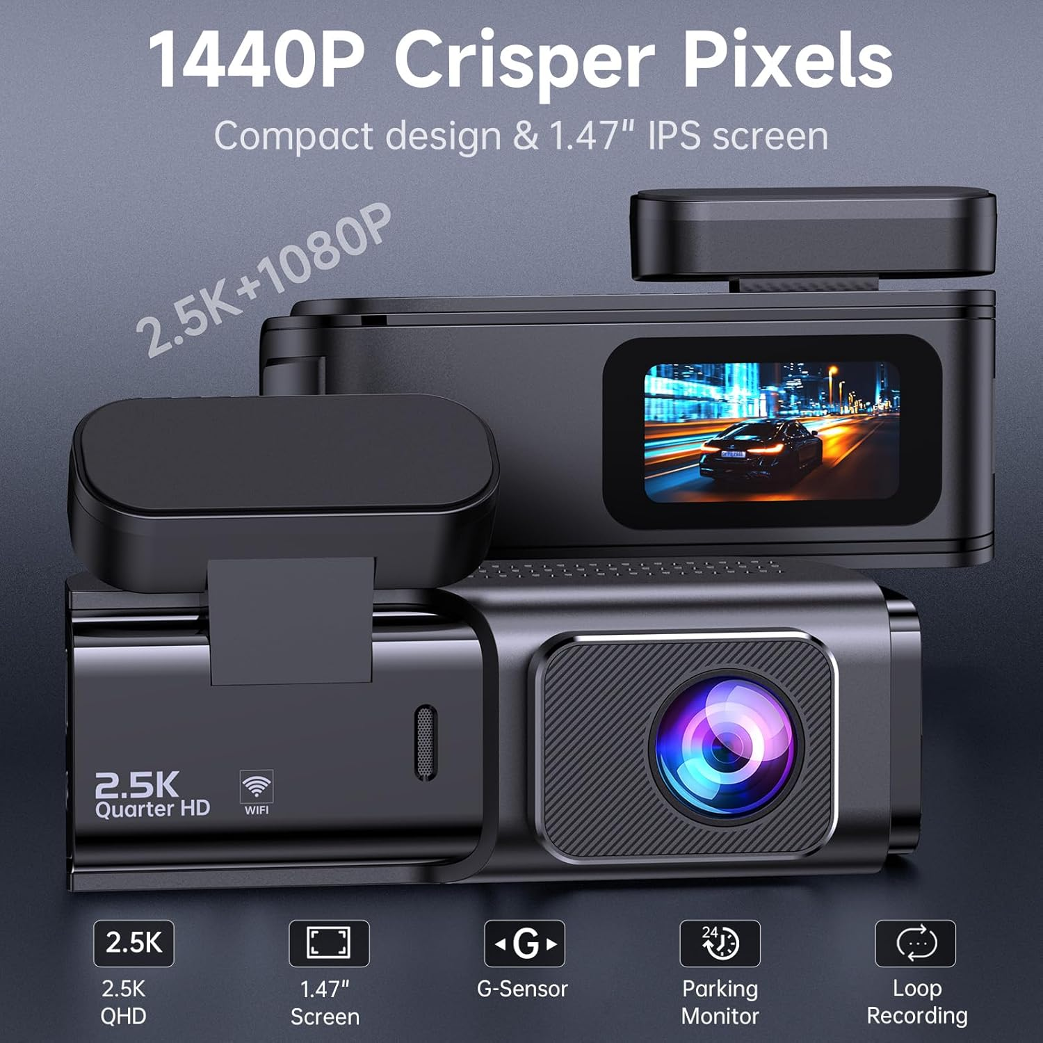 Dash Cam Front and Rear 2.5K+1080P, Ultra HD Dash Cam Built-in WiFi, Dual Car Camera with 32GB Card, 170°Wide Angle, Super Night Vision Dashcam with Parking Mode, G-Sensor, App Control, Loop Recording
