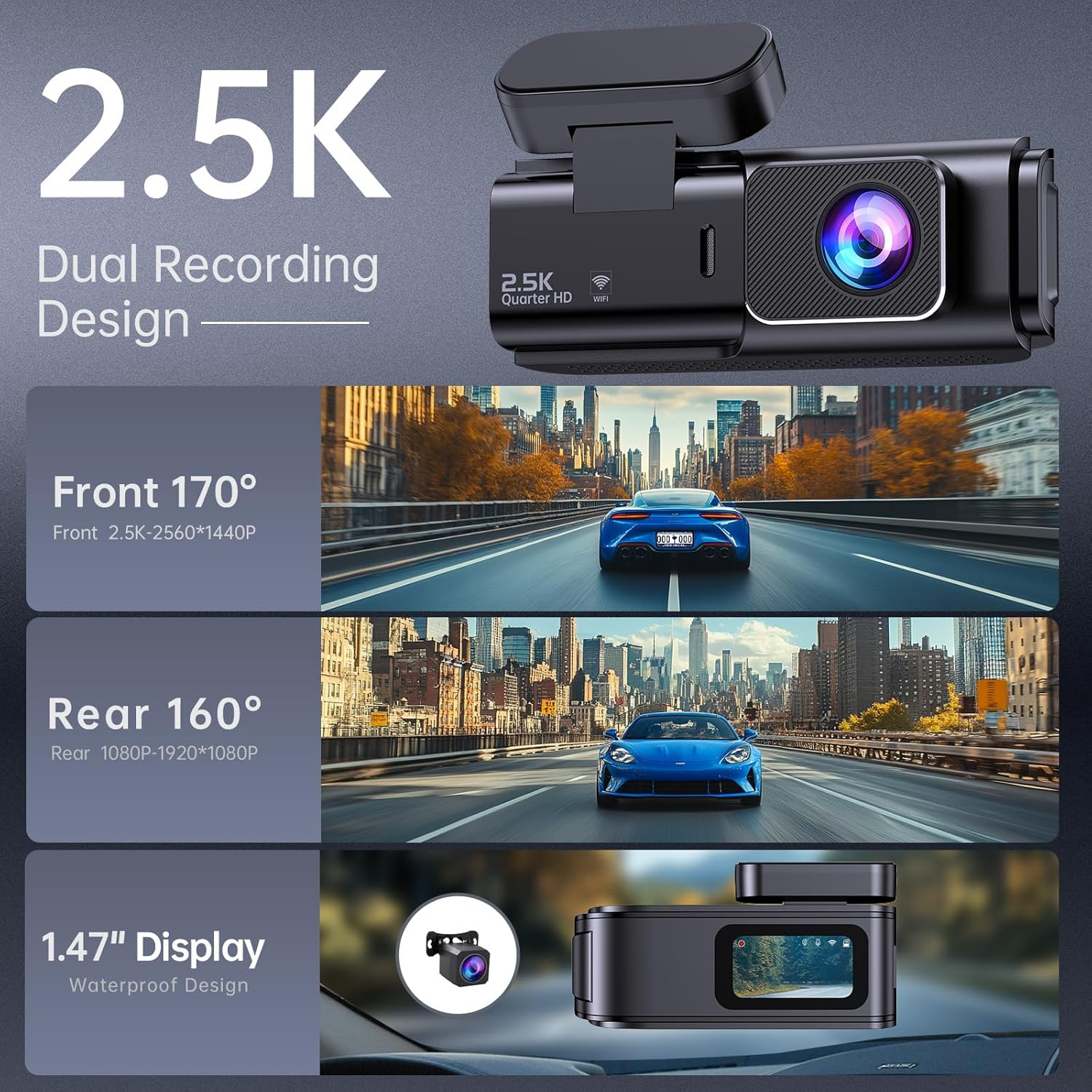Dash Cam Front and Rear 2.5K+1080P, Ultra HD Dash Cam Built-in WiFi, Dual Car Camera with 32GB Card, 170°Wide Angle, Super Night Vision Dashcam with Parking Mode, G-Sensor, App Control, Loop Recording