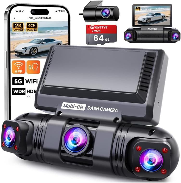 360° Dash Cam Front and Rear,4 Channel 2K Dash Cams for Cars,2K+1080P*3 Car Camera, Built-in Wi-Fi & APP, G-Sensor, 8 IR Lamps Night Vision, 64GB SD Card