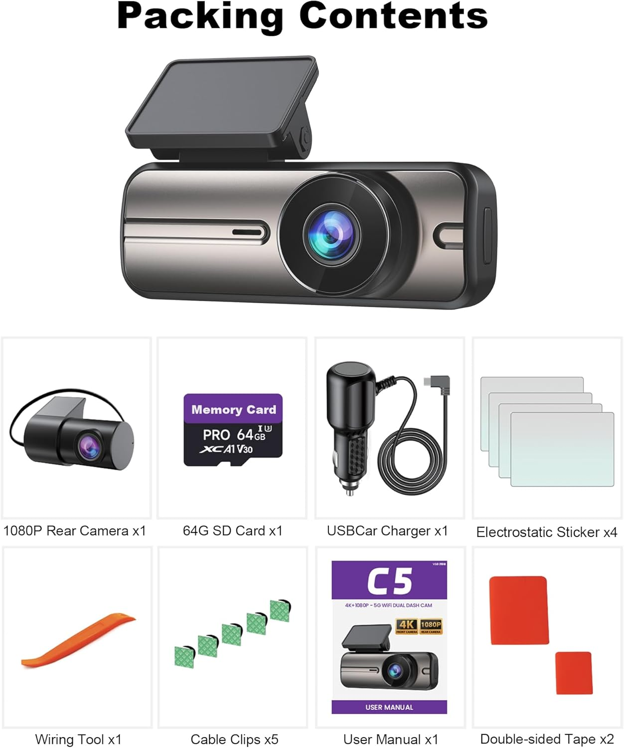 Dash Cam Front and Rear 4K+1080P, 5GHz WiFi, Dual Dashcam with 64GB Card, App Control, G-Sensor Emergency Recording, Loop Recording, 24H Parking Mode Supports, Dash Camera for Cars