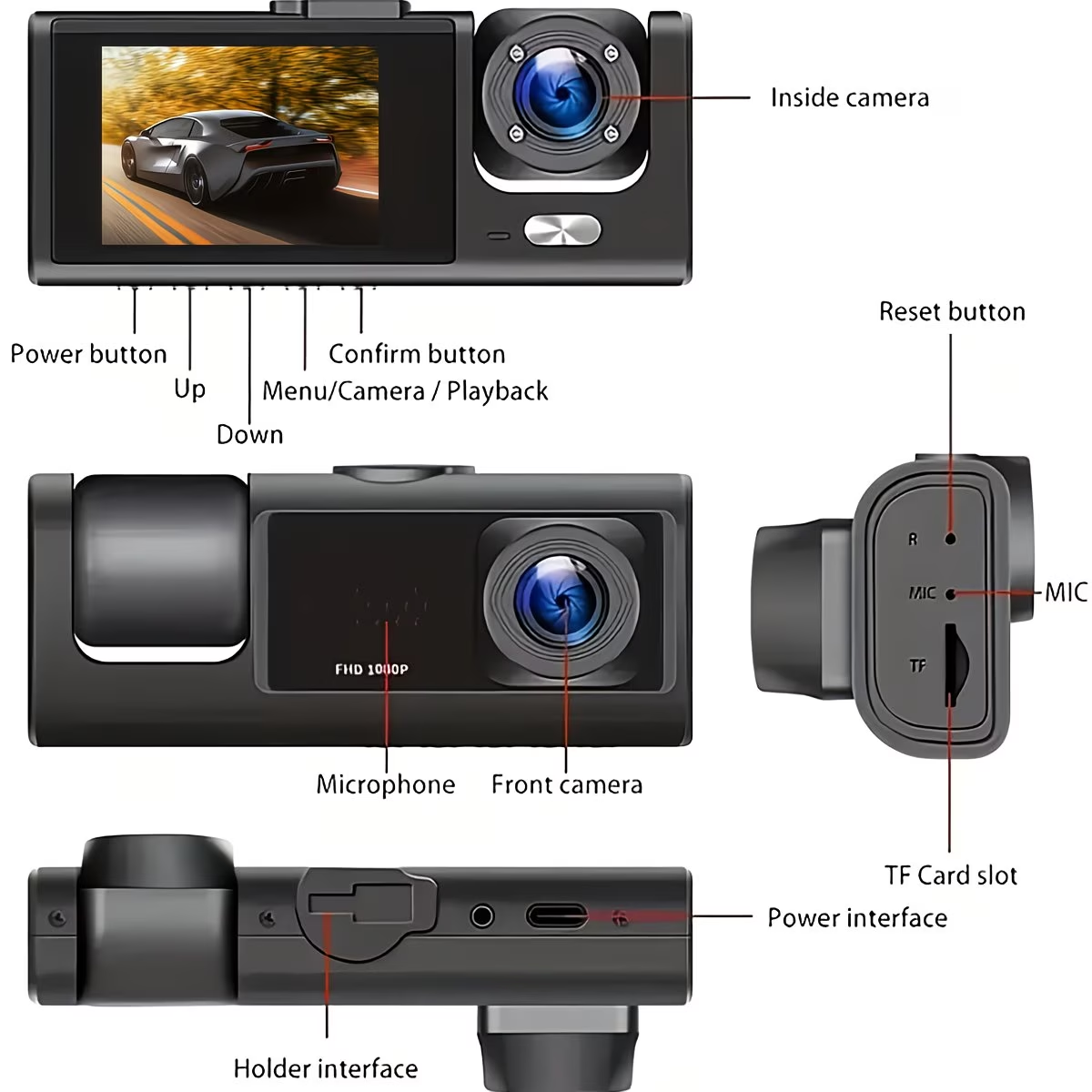 SHOTTO 1080P HD első és belső autós kamera, 170° széles látószög, éjjellátó, parkolókamera, folyamatos felvétel, opcionális 32 GB-os memóriakártya