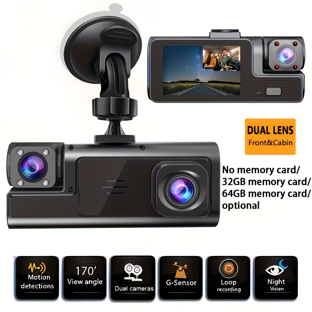 Autós kamera memóriakártyával, kártya nélkül opcionális, előlapi kamera 1080P, hátlapi kamera 720P memóriakártya nélkül/32 GB/64 GB memóriakártyával