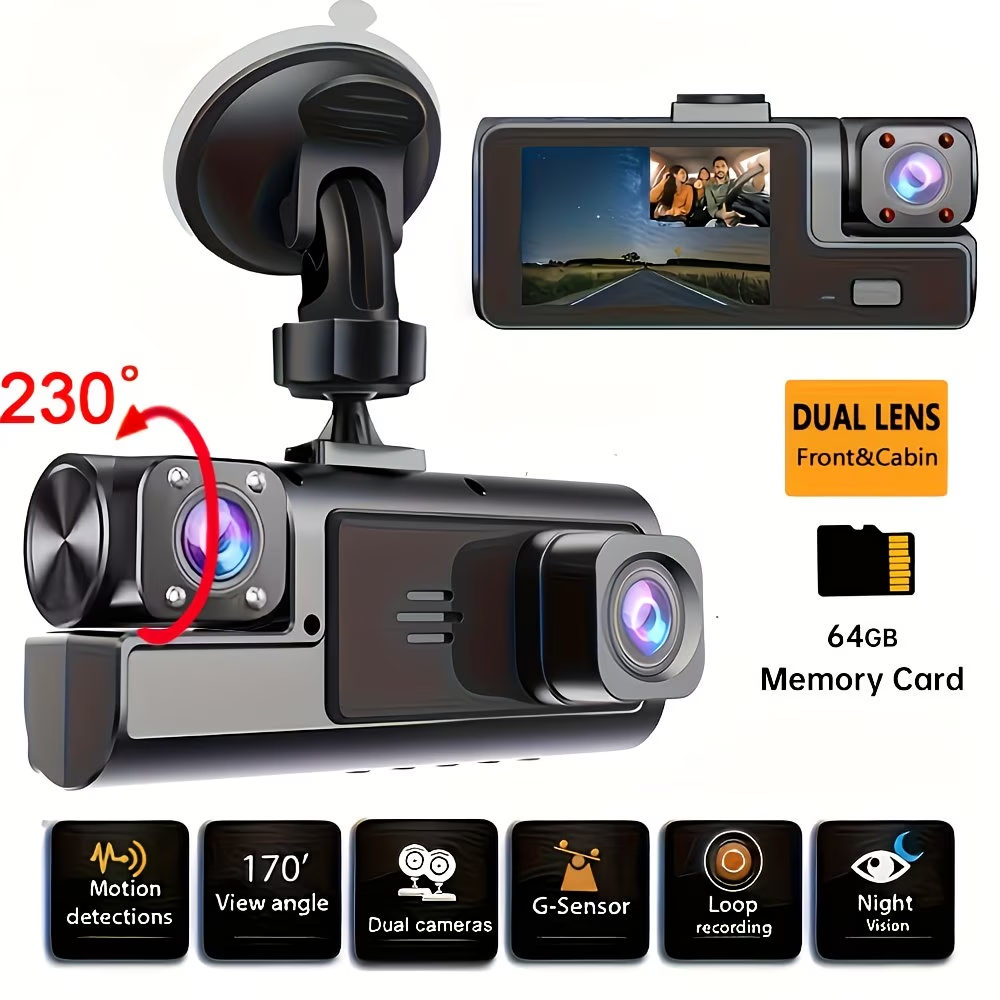 Autós kamera memóriakártyával, kártya nélkül opcionális, előlapi kamera 1080P, hátlapi kamera 720P memóriakártya nélkül/32 GB/64 GB memóriakártyával