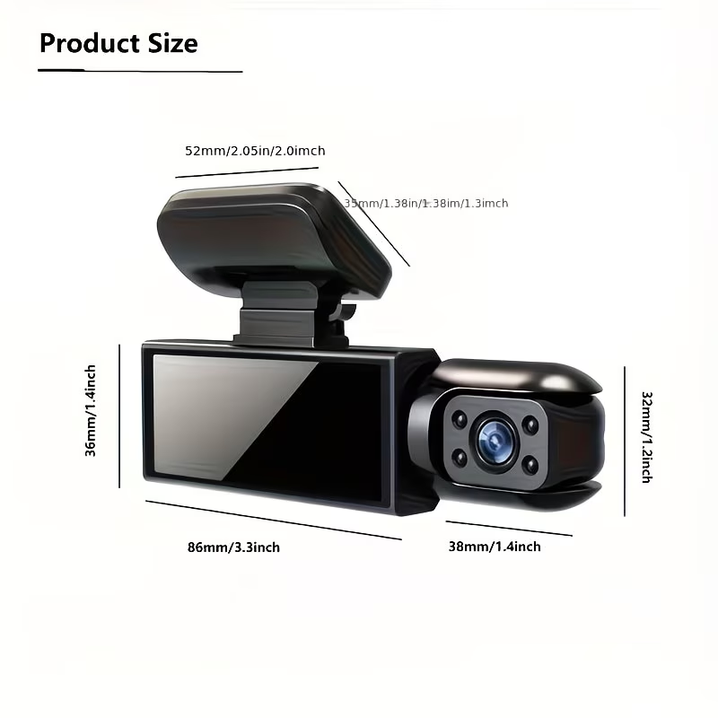Dupla kamerás autós kamera 1080P első és belső fedélzeti kamerák 8,03 cm-es IPS képernyővel, éjjellátóval, G-szenzorral, mozgásérzékeléssel, hurokfelvétellel, parkolófigyelővel, öntapadós rögzítéssel, 12 V-os autós csatlakozóról táplálva, járműbiztonsági 