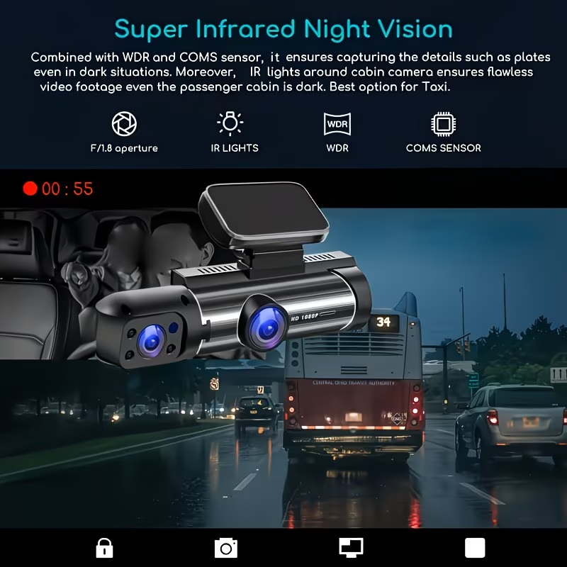 Dupla kamerás autós kamera 1080P első és belső fedélzeti kamerák 8,03 cm-es IPS képernyővel, éjjellátóval, G-szenzorral, mozgásérzékeléssel, hurokfelvétellel, parkolófigyelővel, öntapadós rögzítéssel, 12 V-os autós csatlakozóról táplálva, járműbiztonsági 