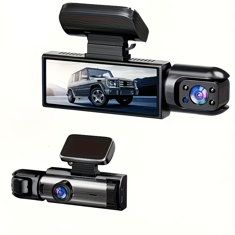 Dupla kamerás autós kamera 1080P első és belső fedélzeti kamerák 8,03 cm-es IPS képernyővel, éjjellátóval, G-szenzorral, mozgásérzékeléssel, hurokfelvétellel, parkolófigyelővel, öntapadós rögzítéssel, 12 V-os autós csatlakozóról táplálva, járműbiztonsági 