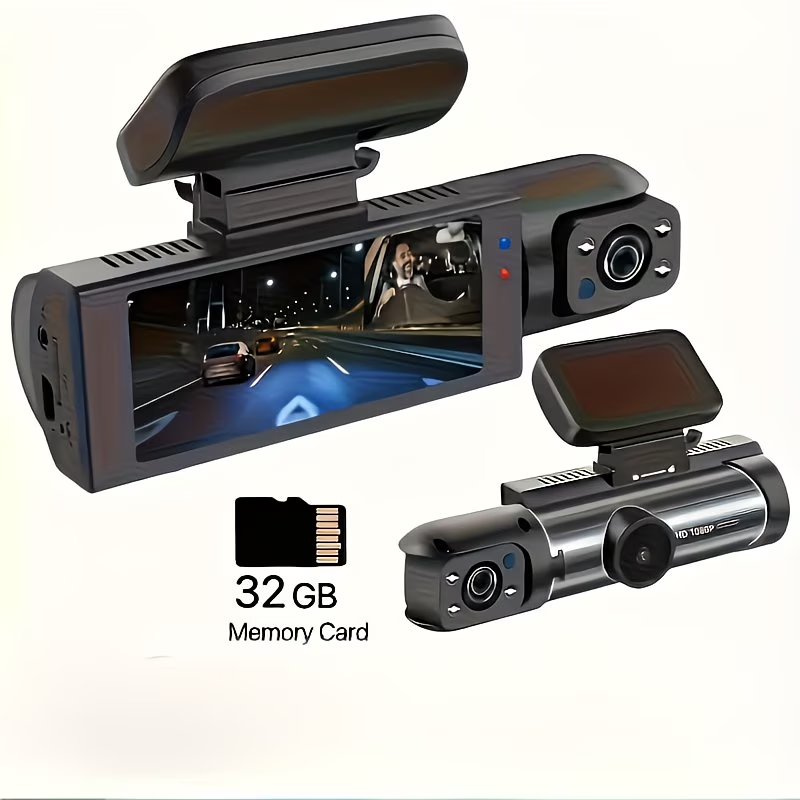 Dupla kamerás autós kamera 1080P első és belső fedélzeti kamerák 8,03 cm-es IPS képernyővel, éjjellátóval, G-szenzorral, mozgásérzékeléssel, hurokfelvétellel, parkolófigyelővel, öntapadós rögzítéssel, 12 V-os autós csatlakozóról táplálva, járműbiztonsági 