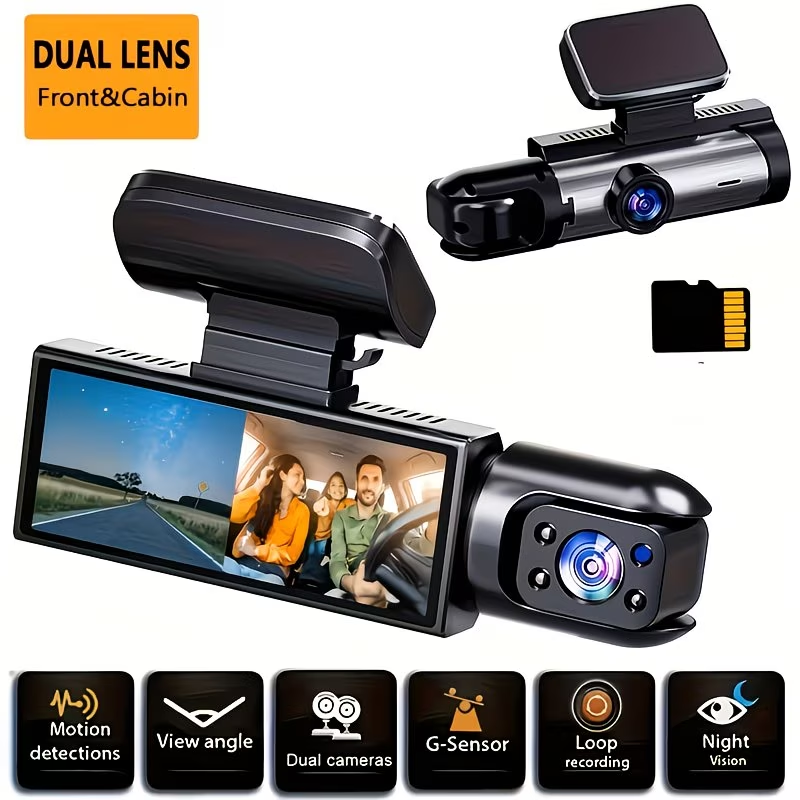 Dupla kamerás autós kamera 1080P első és belső fedélzeti kamerák 8,03 cm-es IPS képernyővel, éjjellátóval, G-szenzorral, mozgásérzékeléssel, hurokfelvétellel, parkolófigyelővel, öntapadós rögzítéssel, 12 V-os autós csatlakozóról táplálva, járműbiztonsági 