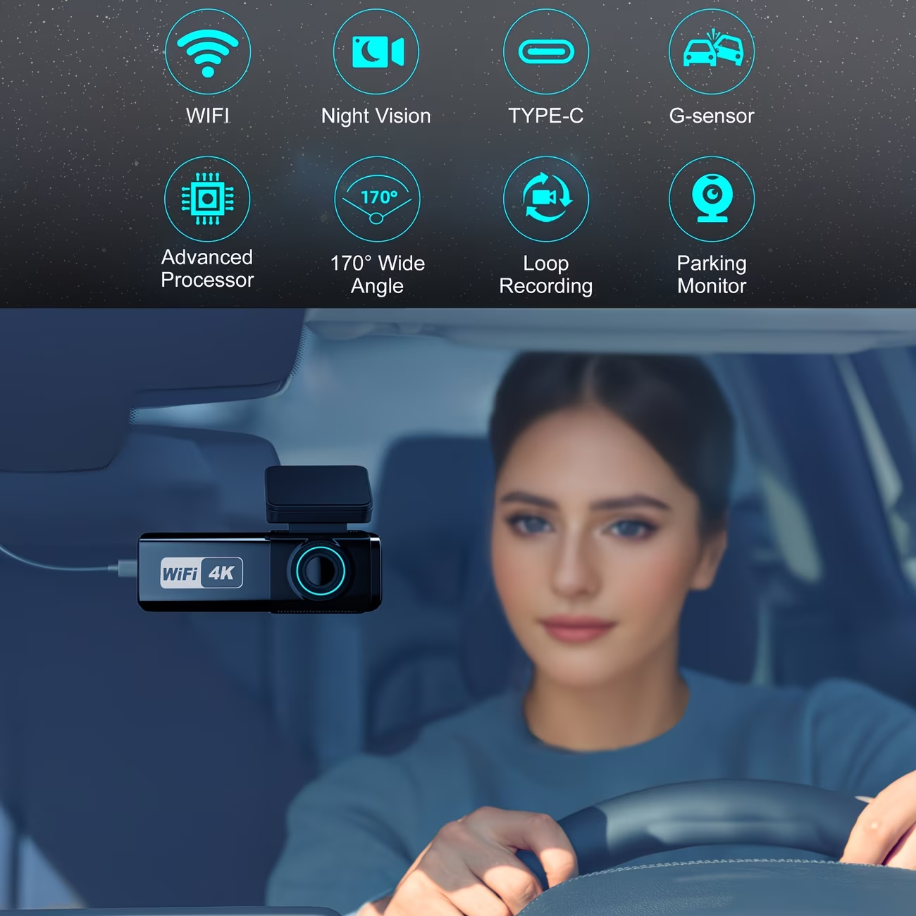 4K Ultra HD autós felvevő, 4K előlapi kamera + 1080P hátlapi kamera dupla kamerával wifi funkcióval és alkalmazáskapcsolat-vezérléssel, hurokfelvétel támogatásával, G-érzékelős zárral, szuper éjjellátóval, ingyenes 64 GB-os SD-kártyával