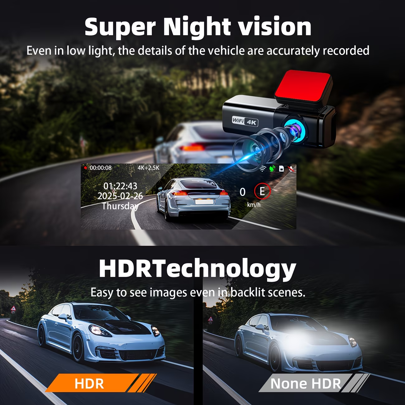 4K Ultra HD autós felvevő, 4K előlapi kamera + 1080P hátlapi kamera dupla kamerával wifi funkcióval és alkalmazáskapcsolat-vezérléssel, hurokfelvétel támogatásával, G-érzékelős zárral, szuper éjjellátóval, ingyenes 64 GB-os SD-kártyával