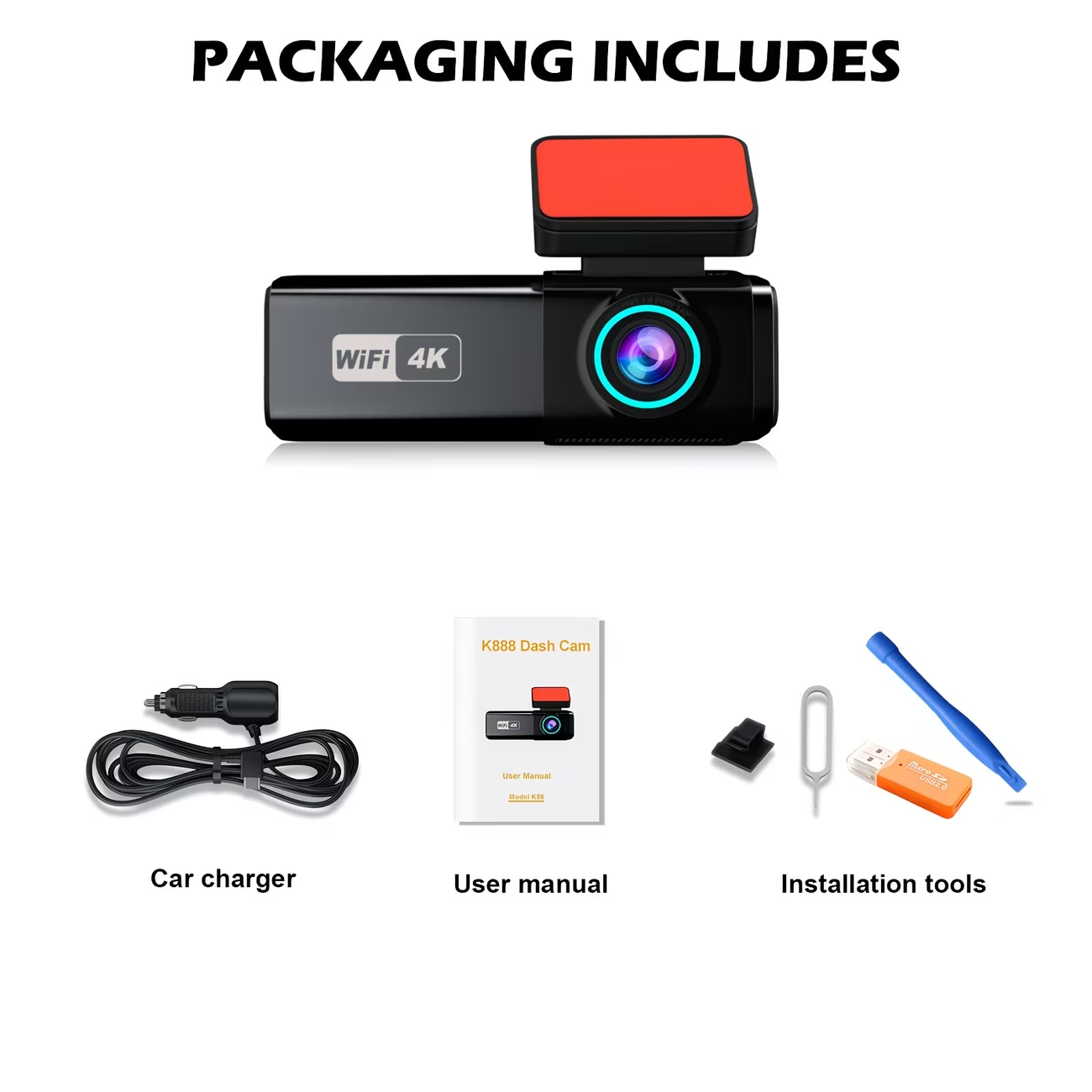 4K Ultra HD autós felvevő, 4K előlapi kamera + 1080P hátlapi kamera dupla kamerával wifi funkcióval és alkalmazáskapcsolat-vezérléssel, hurokfelvétel támogatásával, G-érzékelős zárral, szuper éjjellátóval, ingyenes 64 GB-os SD-kártyával