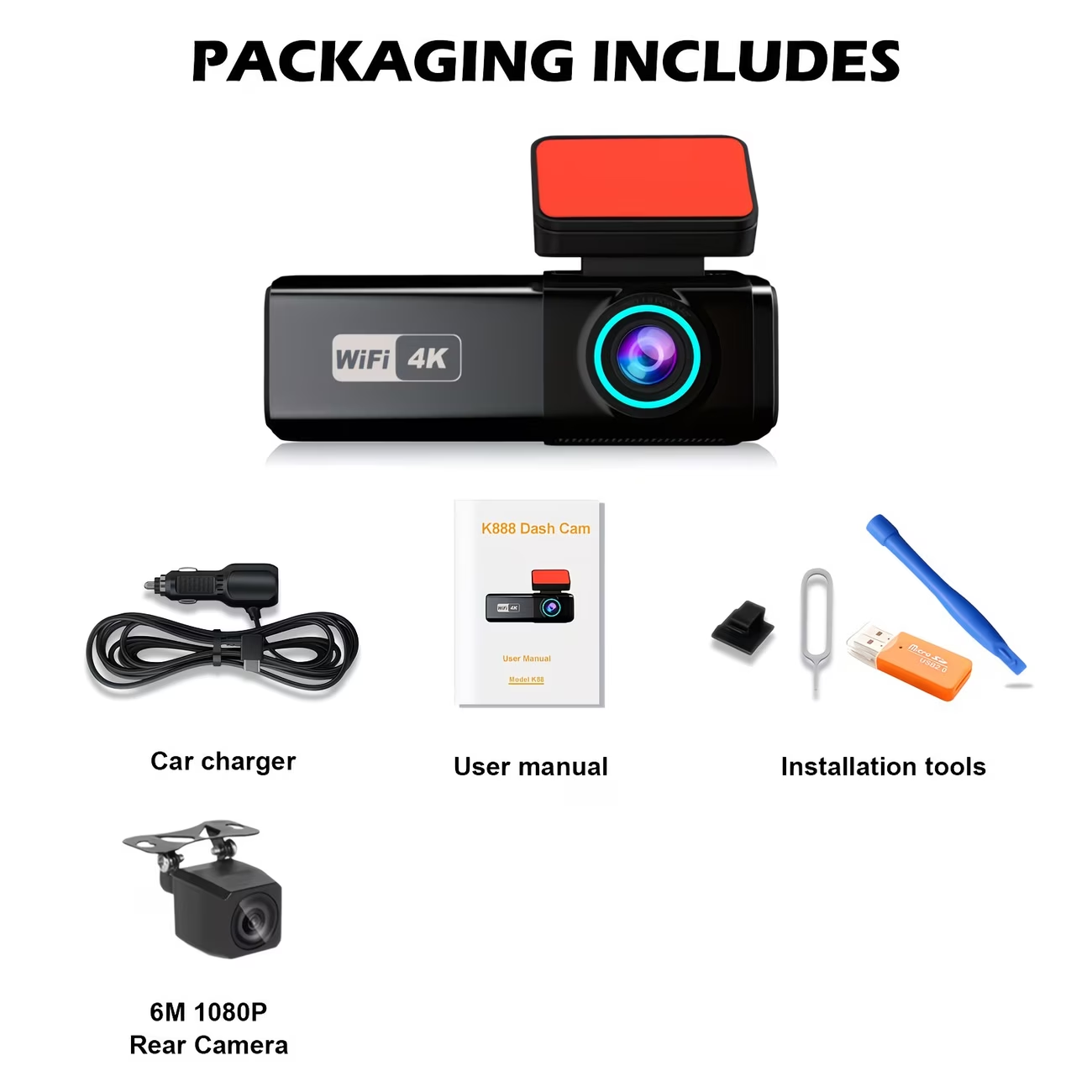 4K Ultra HD autós felvevő, 4K előlapi kamera + 1080P hátlapi kamera dupla kamerával wifi funkcióval és alkalmazáskapcsolat-vezérléssel, hurokfelvétel támogatásával, G-érzékelős zárral, szuper éjjellátóval, ingyenes 64 GB-os SD-kártyával