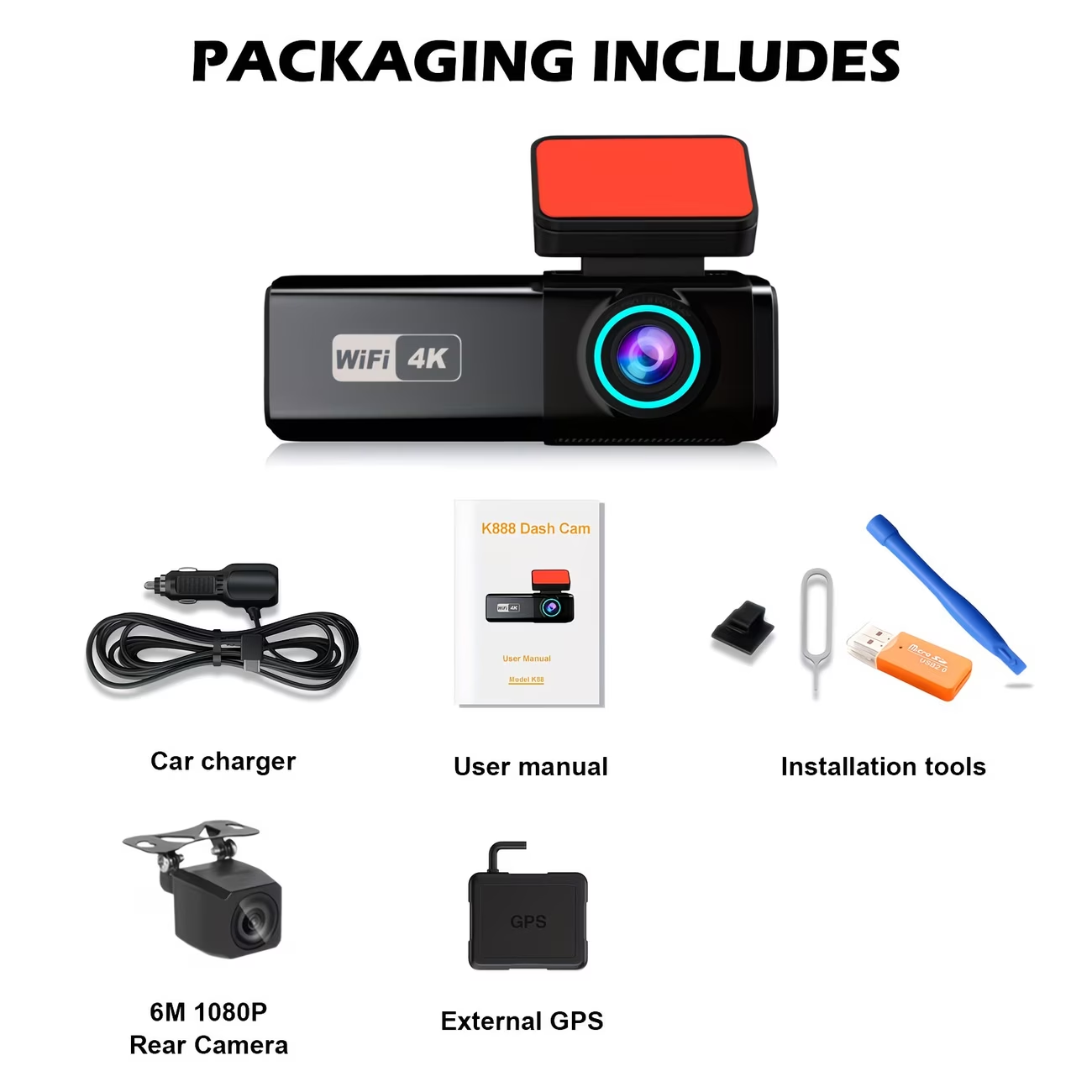 4K Ultra HD autós felvevő, 4K előlapi kamera + 1080P hátlapi kamera dupla kamerával wifi funkcióval és alkalmazáskapcsolat-vezérléssel, hurokfelvétel támogatásával, G-érzékelős zárral, szuper éjjellátóval, ingyenes 64 GB-os SD-kártyával