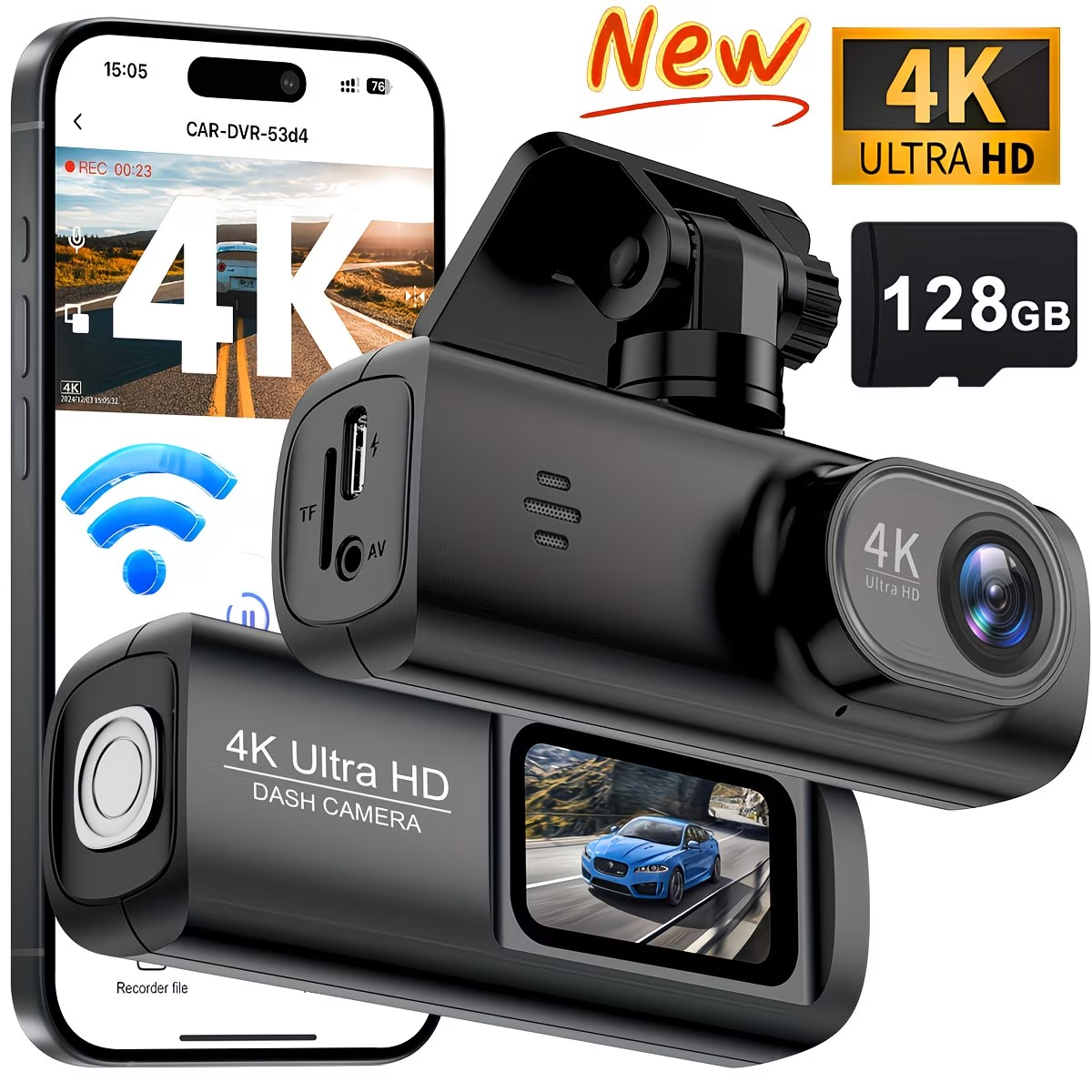4K Ultra HD autós kamera 128 GB-os TF kártyával, Mini autós kamera alkalmazásvezérléssel, beépített Wi-Fi-vel és G-szenzorral, 170°-os széles látószög, WDR, éjjellátó, 24 órás parkolási mód, folyamatos felvétel, maximum 256 GB-os kártya támogatása, autós 