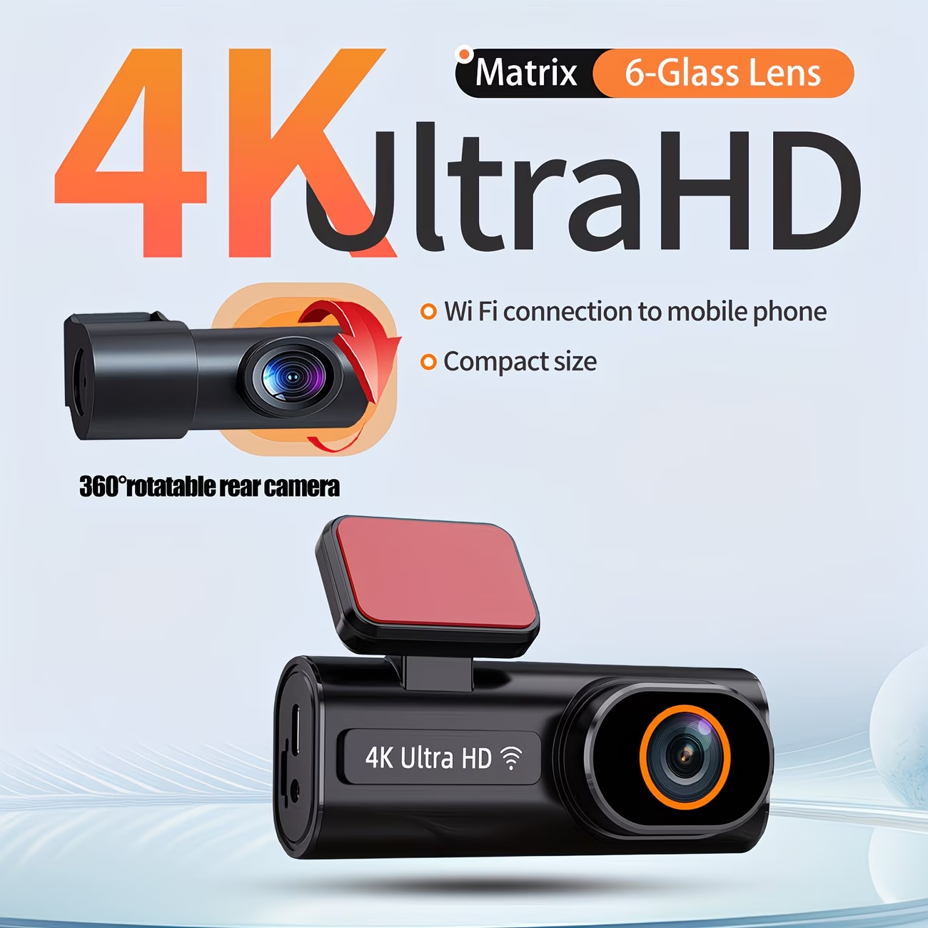 4K UHD autós kamera első 4K kamera + hátsó 360°1080P forgó kamerás autós felvevő, támogatja az éjjellátót, parkolómonitort, hurokfelvételt, alkalmazáskapcsolat-vezérlést, minden modellhez alkalmazható
