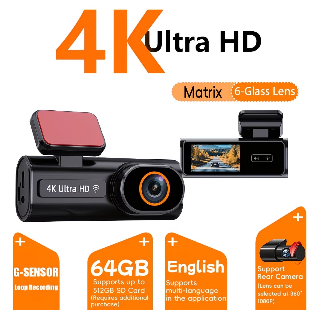 4K UHD autós kamera első 4K kamera + hátsó 360°1080P forgó kamerás autós felvevő, támogatja az éjjellátót, parkolómonitort, hurokfelvételt, alkalmazáskapcsolat-vezérlést, minden modellhez alkalmazható