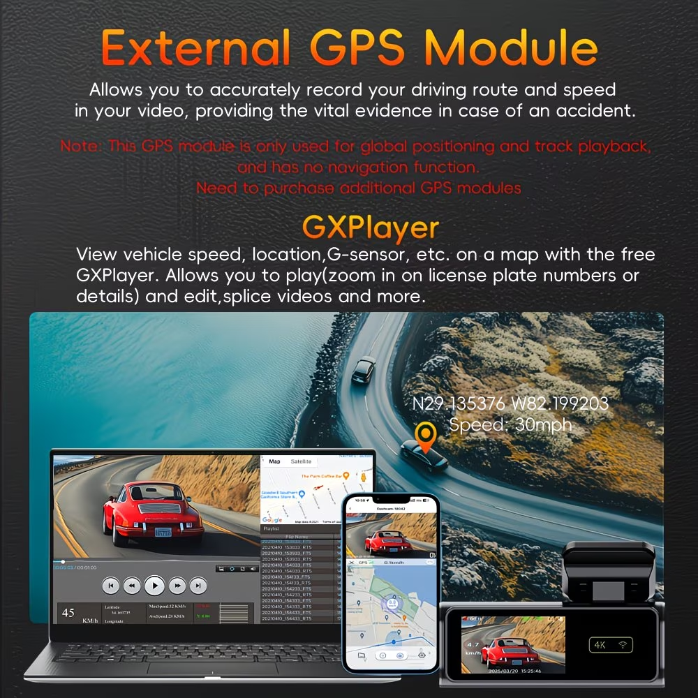 4K UHD autós kamera első 4K kamera + hátsó 360°1080P forgó kamerás autós felvevő, támogatja az éjjellátót, parkolómonitort, hurokfelvételt, alkalmazáskapcsolat-vezérlést, minden modellhez alkalmazható
