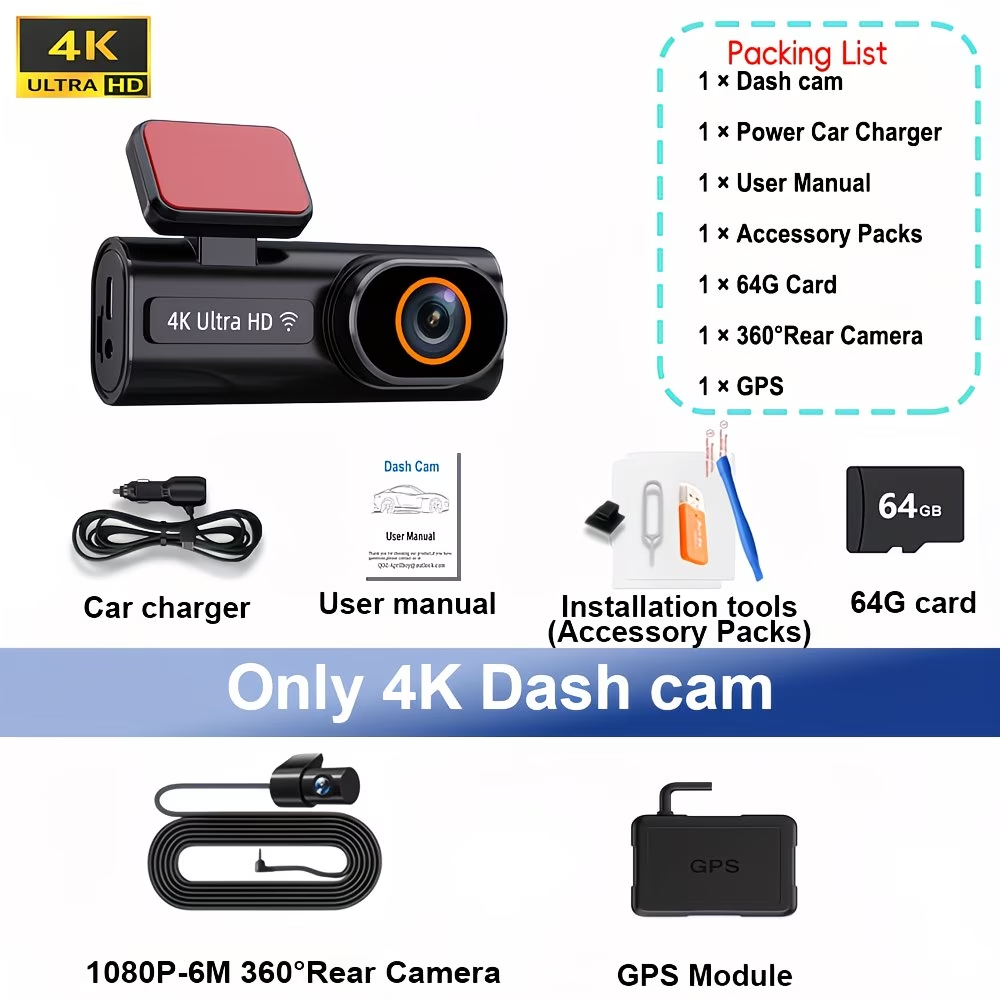 4K UHD autós kamera első 4K kamera + hátsó 360°1080P forgó kamerás autós felvevő, támogatja az éjjellátót, parkolómonitort, hurokfelvételt, alkalmazáskapcsolat-vezérlést, minden modellhez alkalmazható