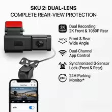 2K WiFi-s autós kamera dupla kamerával, első és hátsó kamerával, vezeték nélküli DVR alkalmazásvezérléssel, 24 órás parkolómonitorral, éjjellátóval, G-szenzorral