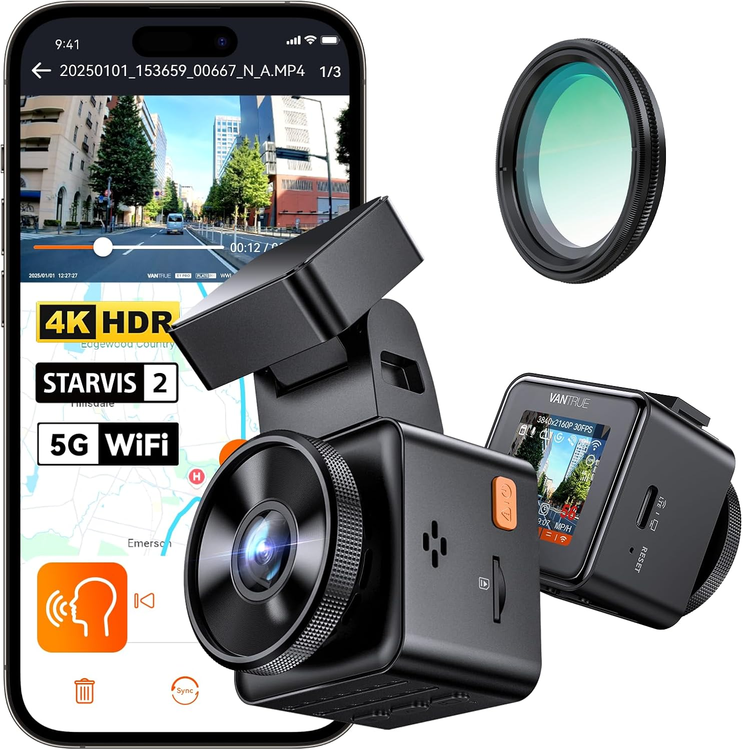 VANTRUE E1 Pro 4K HDR autós kamera elöl Sony STARVIS 2, 5G WiFi-s autós kamera és ingyenes CPL, GPS hangvezérlés, 24 órás parkolási mód, autós kamera éjjellátó, 1,54" 160°-os rejtett elülső kamera, 1 TB-os támogatás