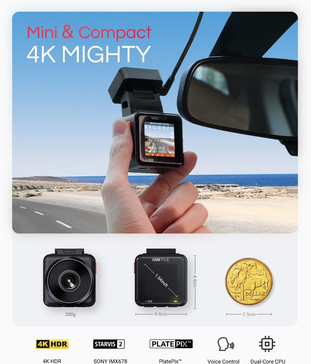 VANTRUE E1 Pro 4K HDR autós kamera elöl Sony STARVIS 2, 5G WiFi-s autós kamera és ingyenes CPL, GPS hangvezérlés, 24 órás parkolási mód, autós kamera éjjellátó, 1,54" 160°-os rejtett elülső kamera, 1 TB-os támogatás