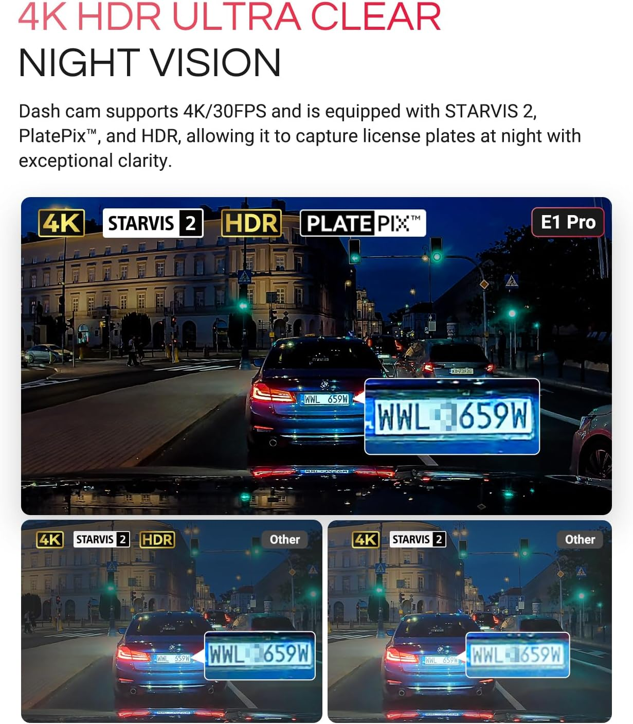 VANTRUE E1 Pro 4K HDR autós kamera elöl Sony STARVIS 2, 5G WiFi-s autós kamera és ingyenes CPL, GPS hangvezérlés, 24 órás parkolási mód, autós kamera éjjellátó, 1,54" 160°-os rejtett elülső kamera, 1 TB-os támogatás