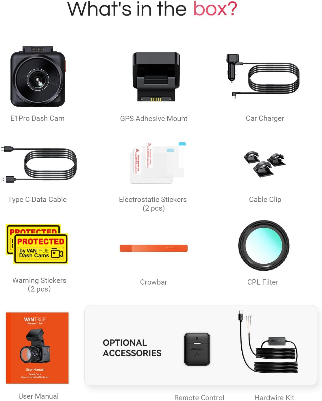 VANTRUE E1 Pro 4K HDR autós kamera elöl Sony STARVIS 2, 5G WiFi-s autós kamera és ingyenes CPL, GPS hangvezérlés, 24 órás parkolási mód, autós kamera éjjellátó, 1,54" 160°-os rejtett elülső kamera, 1 TB-os támogatás