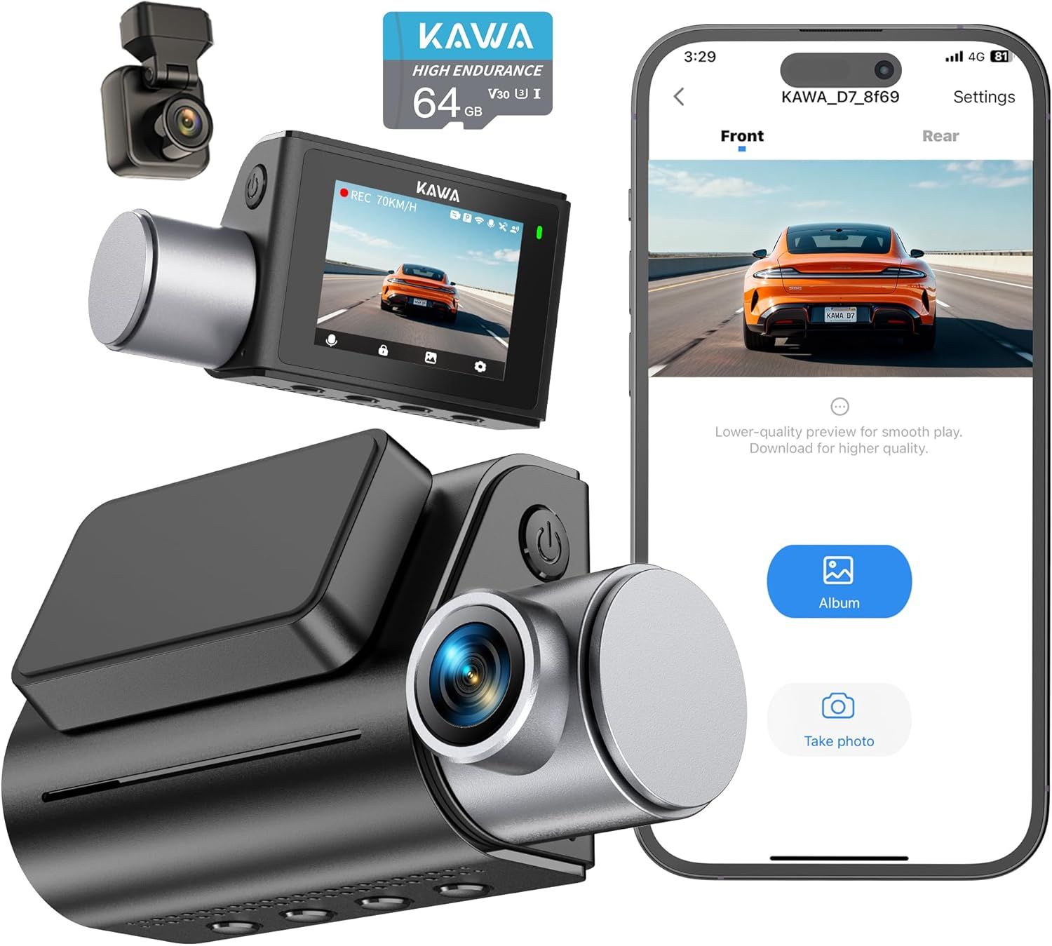 KAWA 4K autós kamera elöl és hátul, hangvezérlés, ingyenes 64 GB-os kártya, WiFi6 dupla autós kamera, beépített GPS, 2”-os IPS kijelző, 2K HDR, Night Eagle motor, 24 órás parkolási mód, rejtett autós kamera