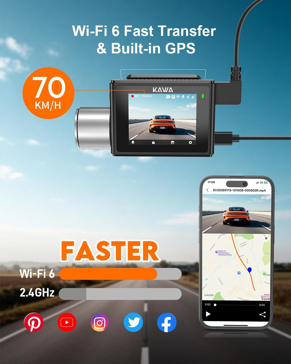KAWA 4K autós kamera elöl és hátul, hangvezérlés, ingyenes 64 GB-os kártya, WiFi6 dupla autós kamera, beépített GPS, 2”-os IPS kijelző, 2K HDR, Night Eagle motor, 24 órás parkolási mód, rejtett autós kamera