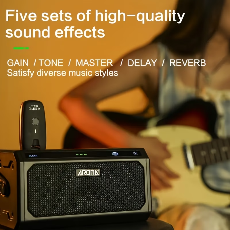 L'amplificatore digitale portatile per chitarra elettrica AROMA è dotato di connettività wireless 5.3 e funzionalità di registrazione diretta OTG, offre 5 canali di effetti di riverbero e delay e include 20 ritmi di batteria.