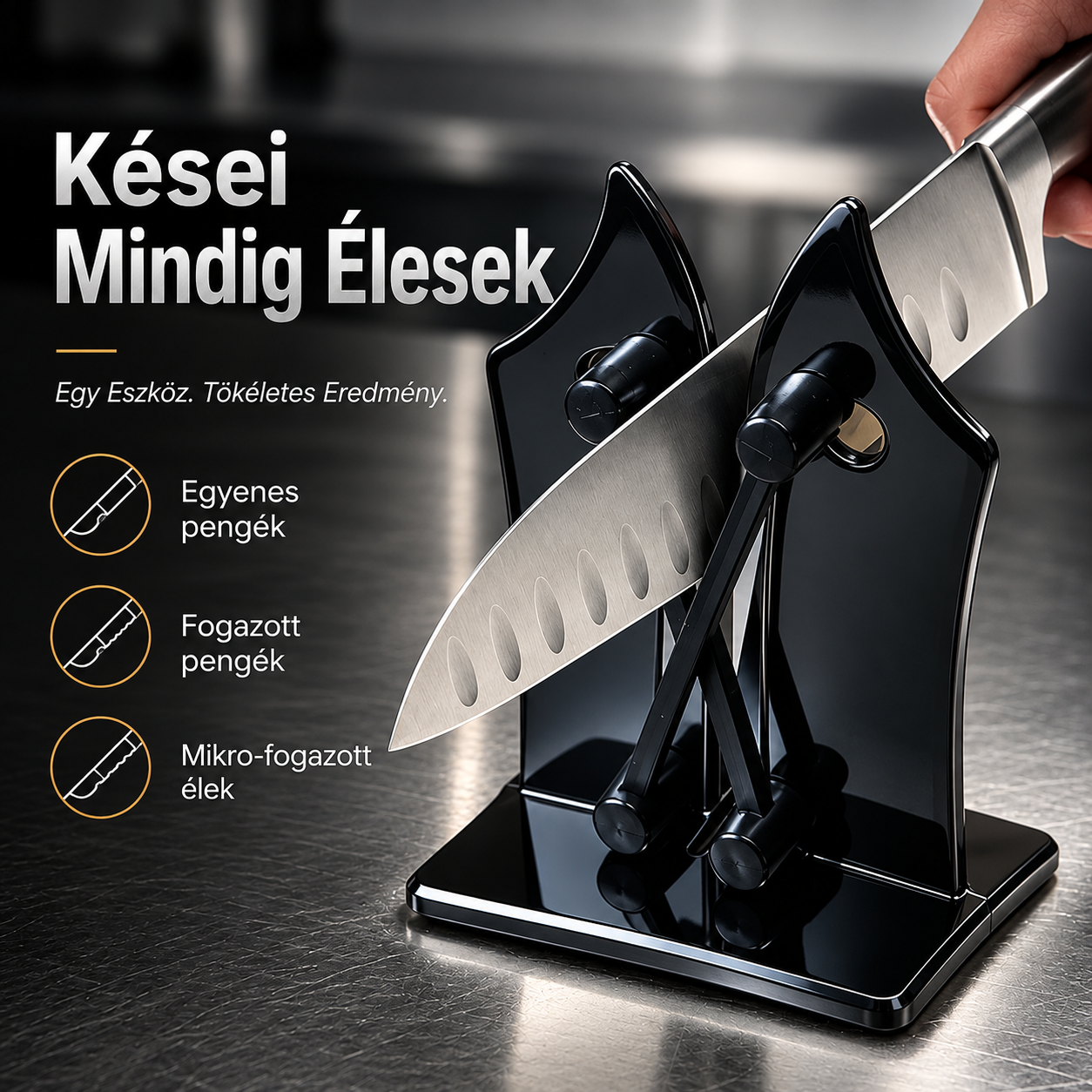 🔪 Professzionális rozsdamentes acél késélező – Gyors élezés egyenes, hullámos és mikro-fogazott pengékhez, állítható 16°–32°-os szögben