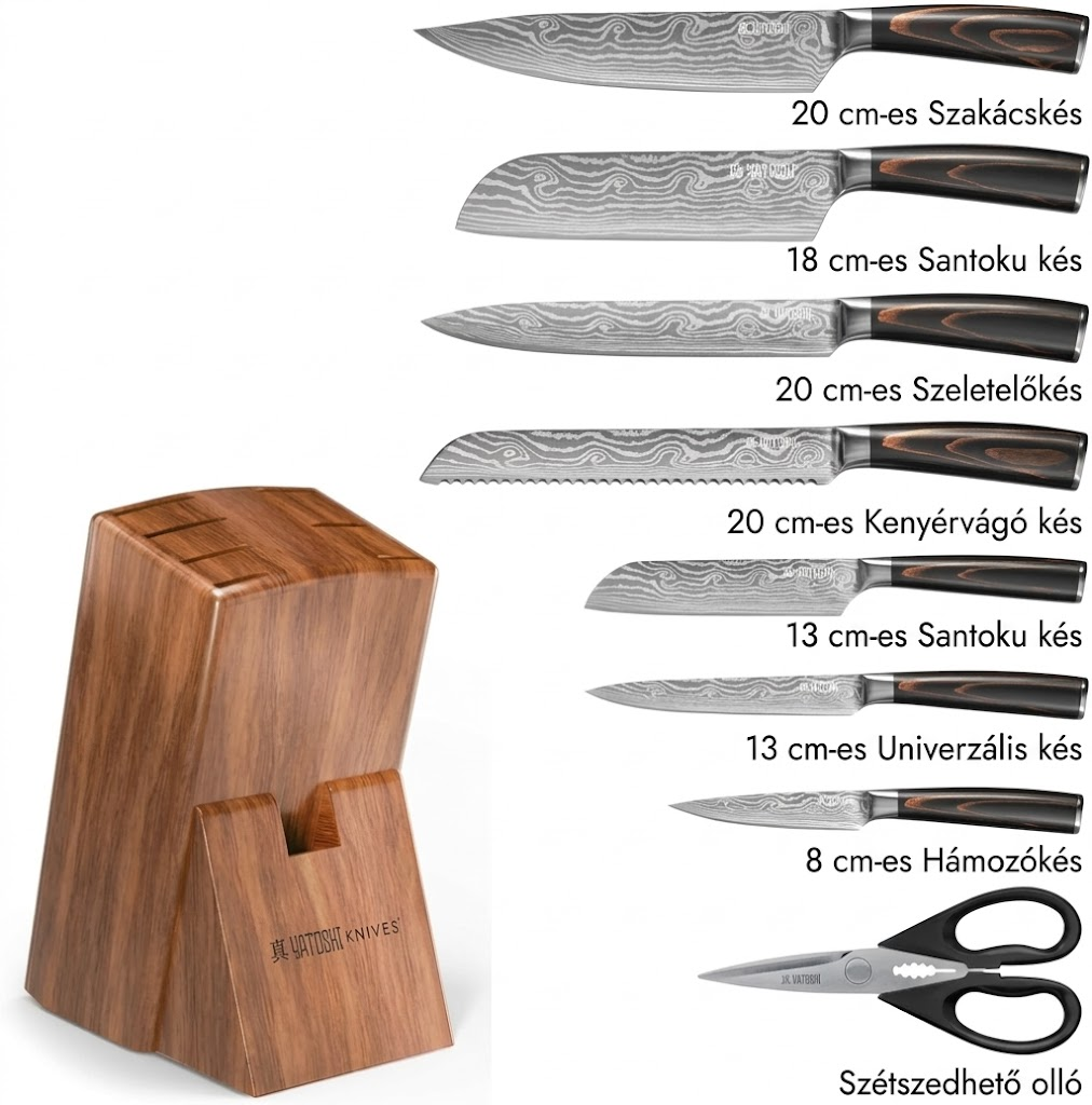 Yatoshi 9 részes profi késkészlet késtömbbel – borotvaéles, ergonomikus