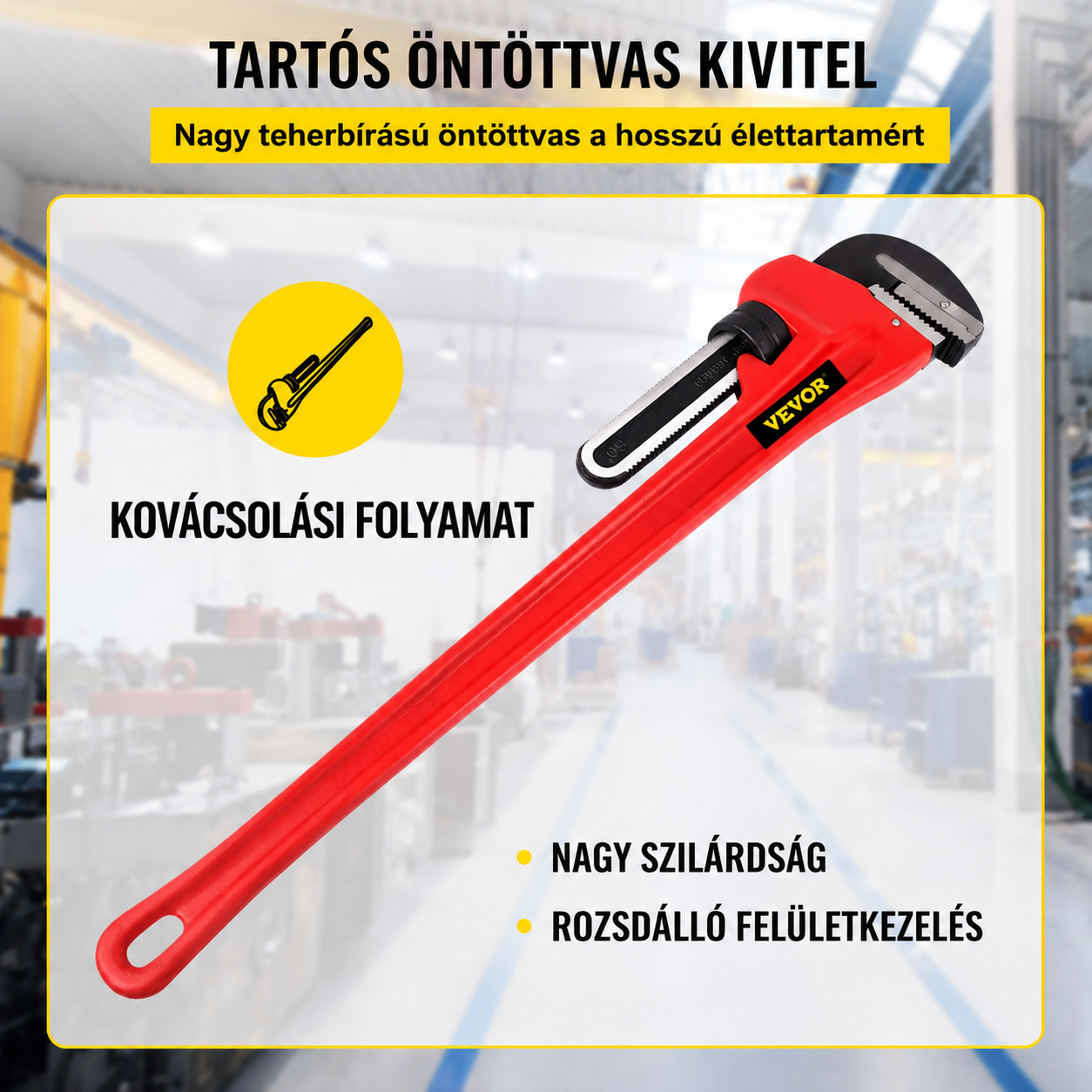 VEVOR csőkulcs, 51 hüvelykes, nagy teherbírású öntöttvas egyenes vízvezeték-kulcs, állítható vízvezeték-szerelő szerszám mosogató csaptelephez WC-csésze fürdőszoba konyhai lefolyó javításhoz telepítés